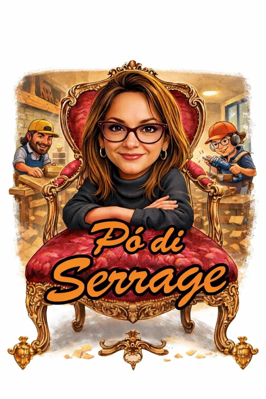 Arte oficial da marca Pó Di Serrage, com Alessandra Vieira sentada em uma poltrona entre marceneiros